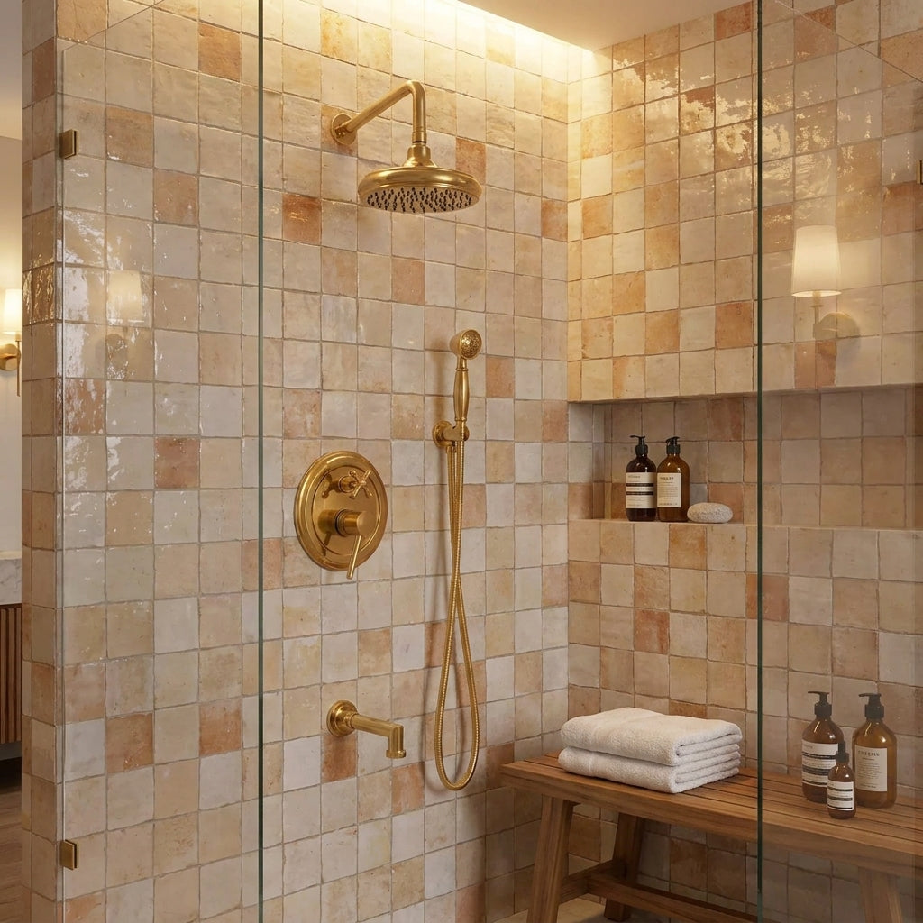 Shawnee shower system with rainfall head, handheld shower, and tub spout installed in a warm-toned tiled bathroom