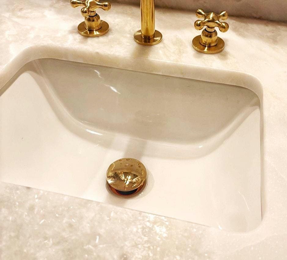 Unlacquered Brass Bathroom Sink Drain, Pop-Up Stopper with P-Trap