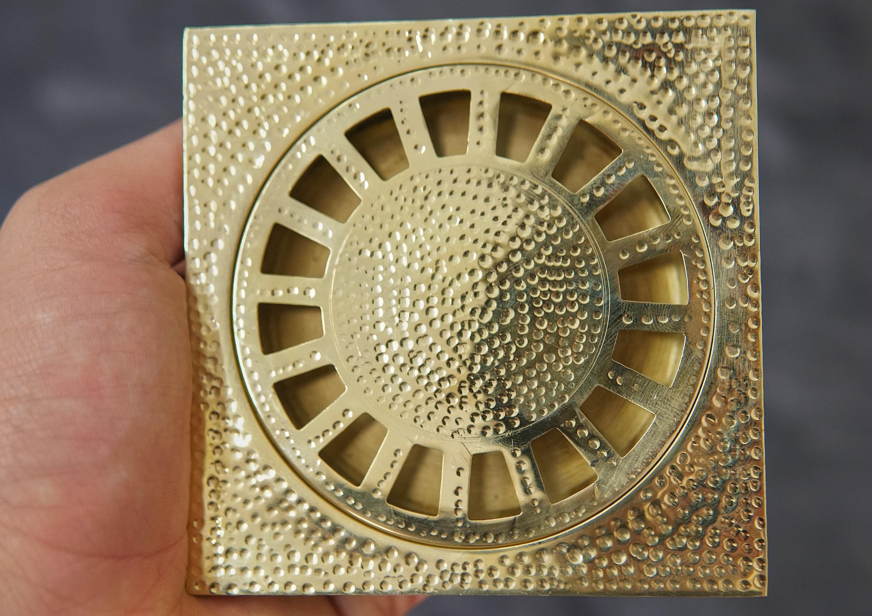 Unlacquered Brass Hammered Square Shower Floor Drain: Solid Brass