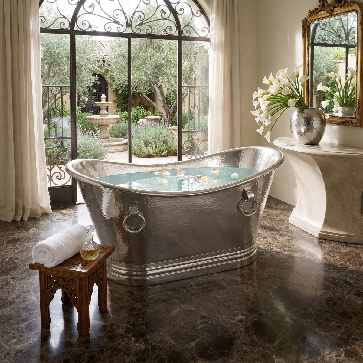 A hammered silver freestanding bathtub filled with water and floating petals, placed in an elegant bathroom with dark marble flooring, a small wooden side table with a rolled towel, and a large window overlooking a garden.