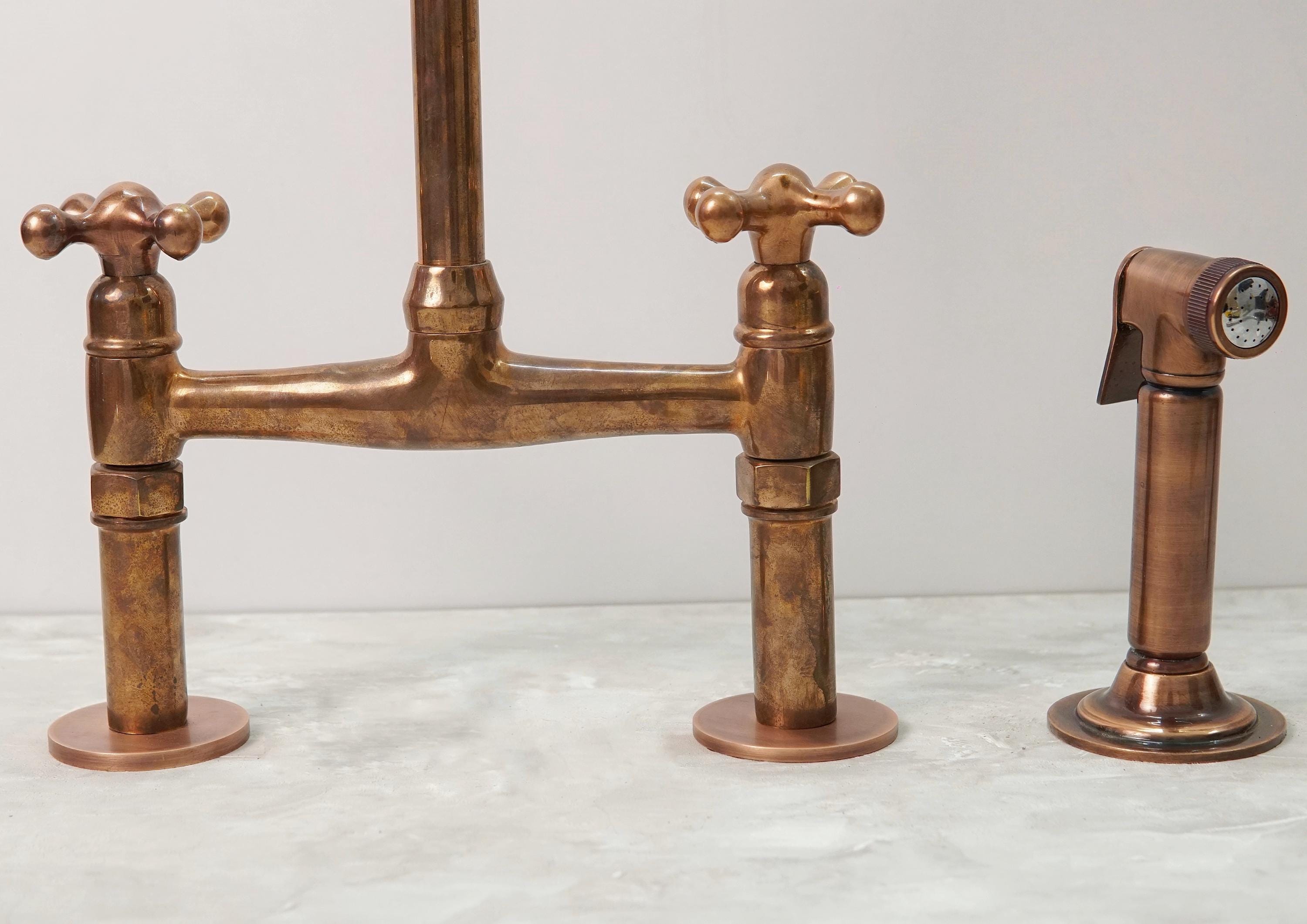 Unlacquered Copper Bridge Kitchen Faucet with Sprayer, Vintage Style
