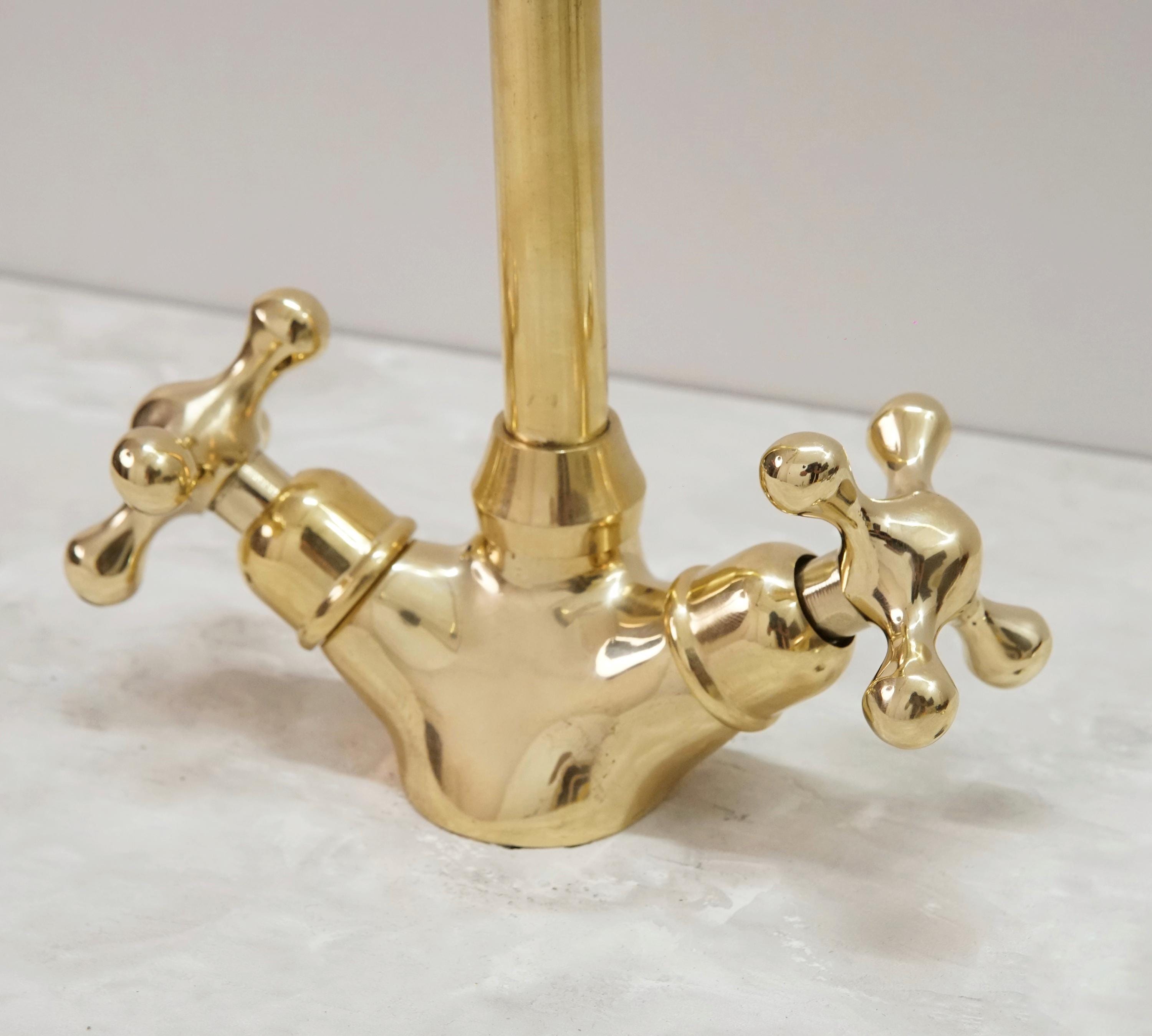 Unlacquered Brass Basin Faucet, Vintage Double Handle Tap, Single Hole Design For Bathroom