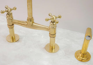 Unlacquered Brass Bridge Kitchen Sink Faucet with Side Sprayer and Drinking Water Tap