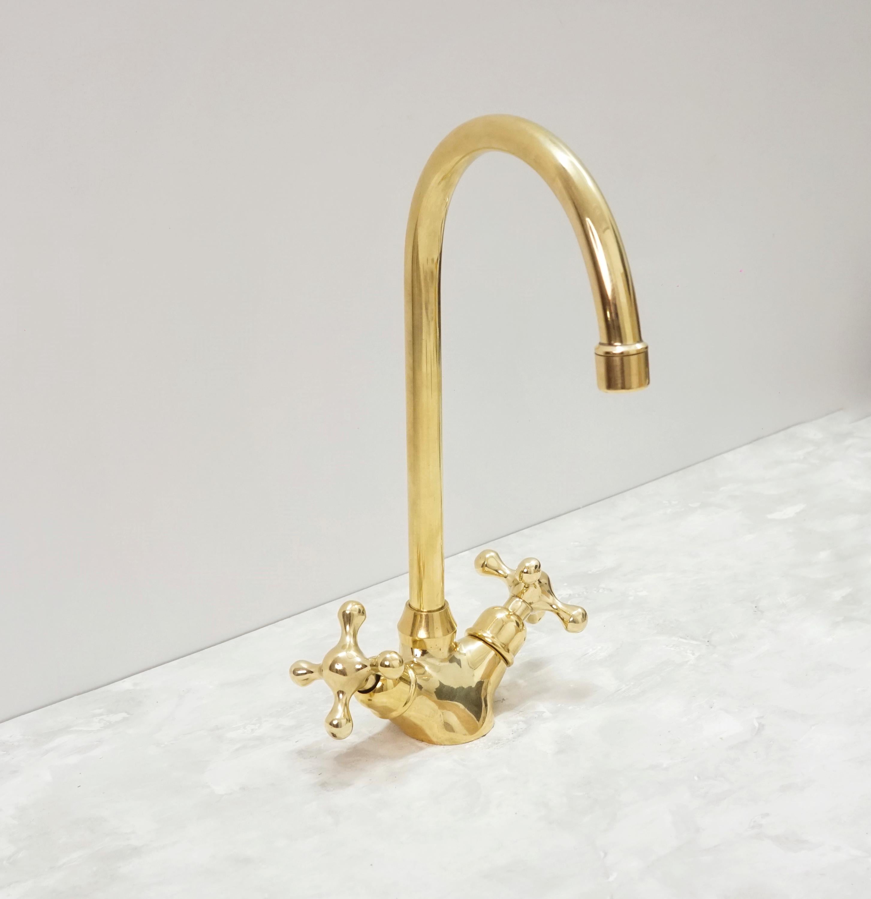 Unlacquered Brass Basin Faucet, Vintage Double Handle Tap, Single Hole Design For Bathroom