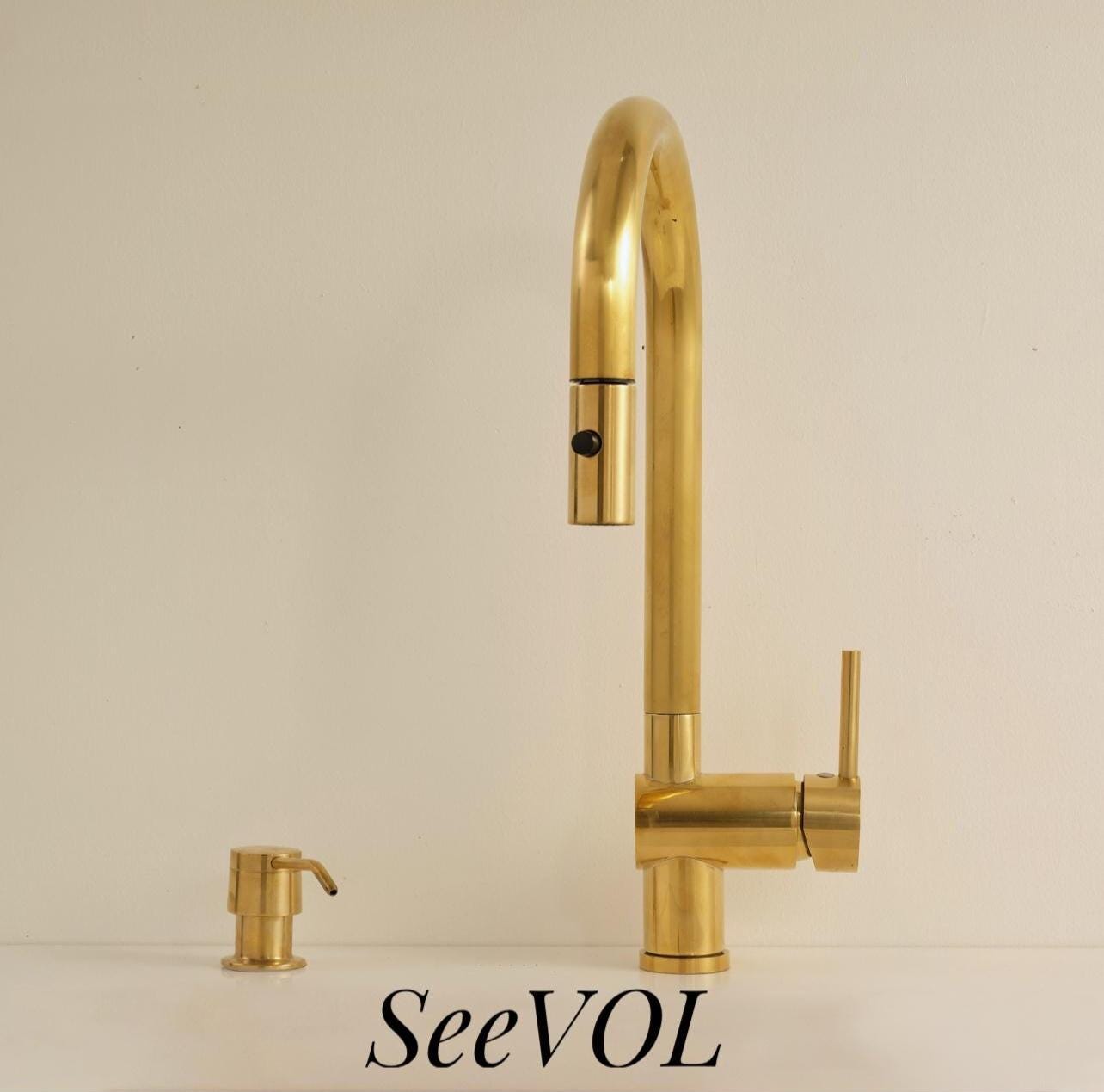 Unlacquered Brass Single Handle Pull Down Kitchen Faucet,