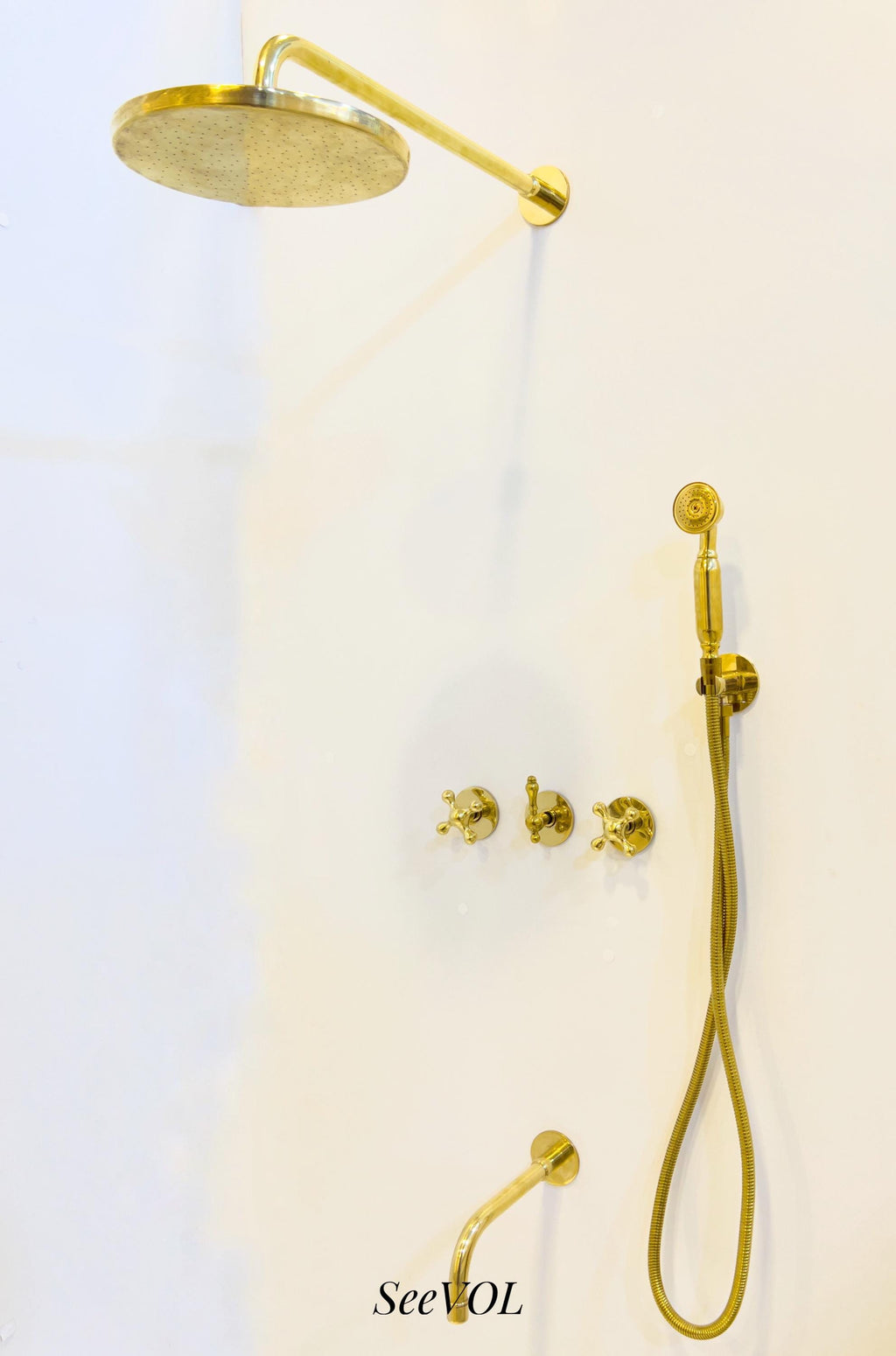 Luxury Unlacquered Brass Wall-Mounted Shower System with Overhead & Handheld Sprayer