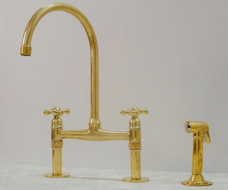 Unlacquered Brass Bridge Kitchen Sink Faucet with Side Sprayer and Drinking Water Tap