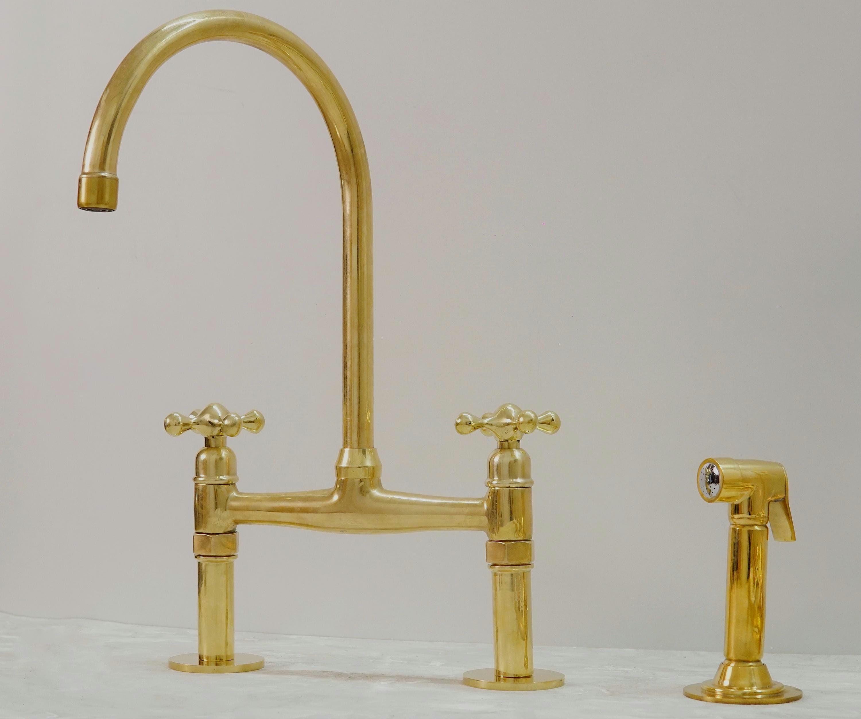 Unlacquered Brass Bridge Kitchen Sink Faucet with Side Sprayer and Drinking Water Tap