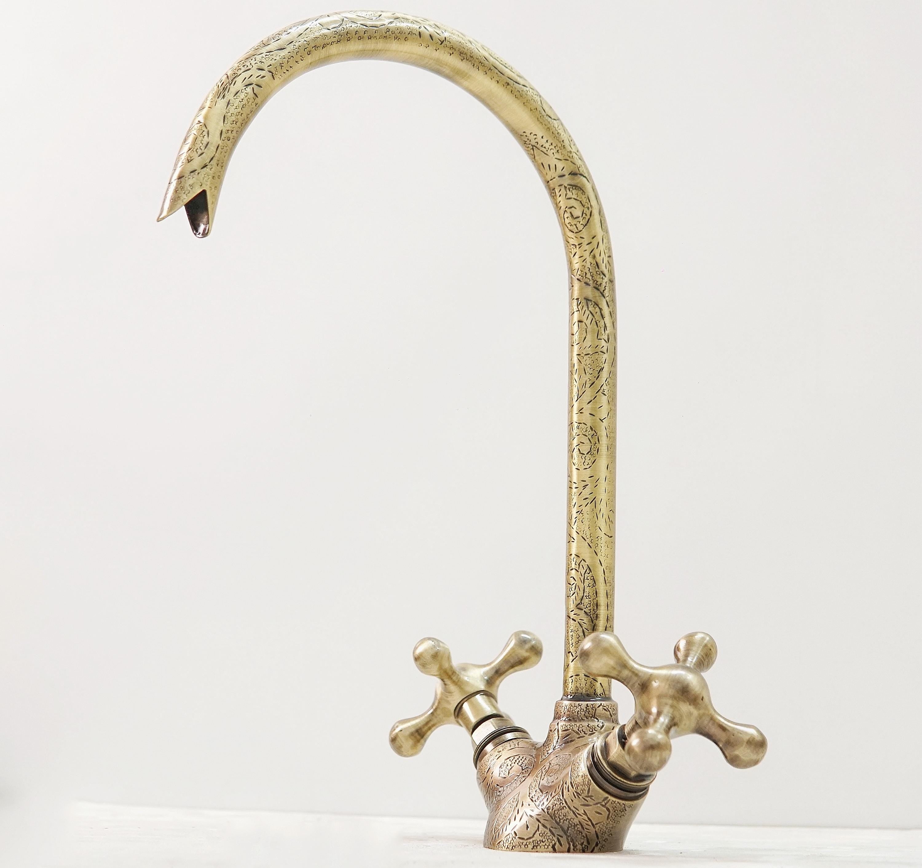 Handcrafted Engraved Brass Faucet: Antique Double Handle Design