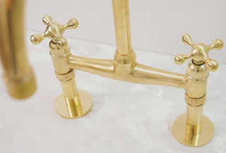 Unlacquered Brass Bridge Kitchen Sink Faucet with Side Sprayer and Drinking Water Tap