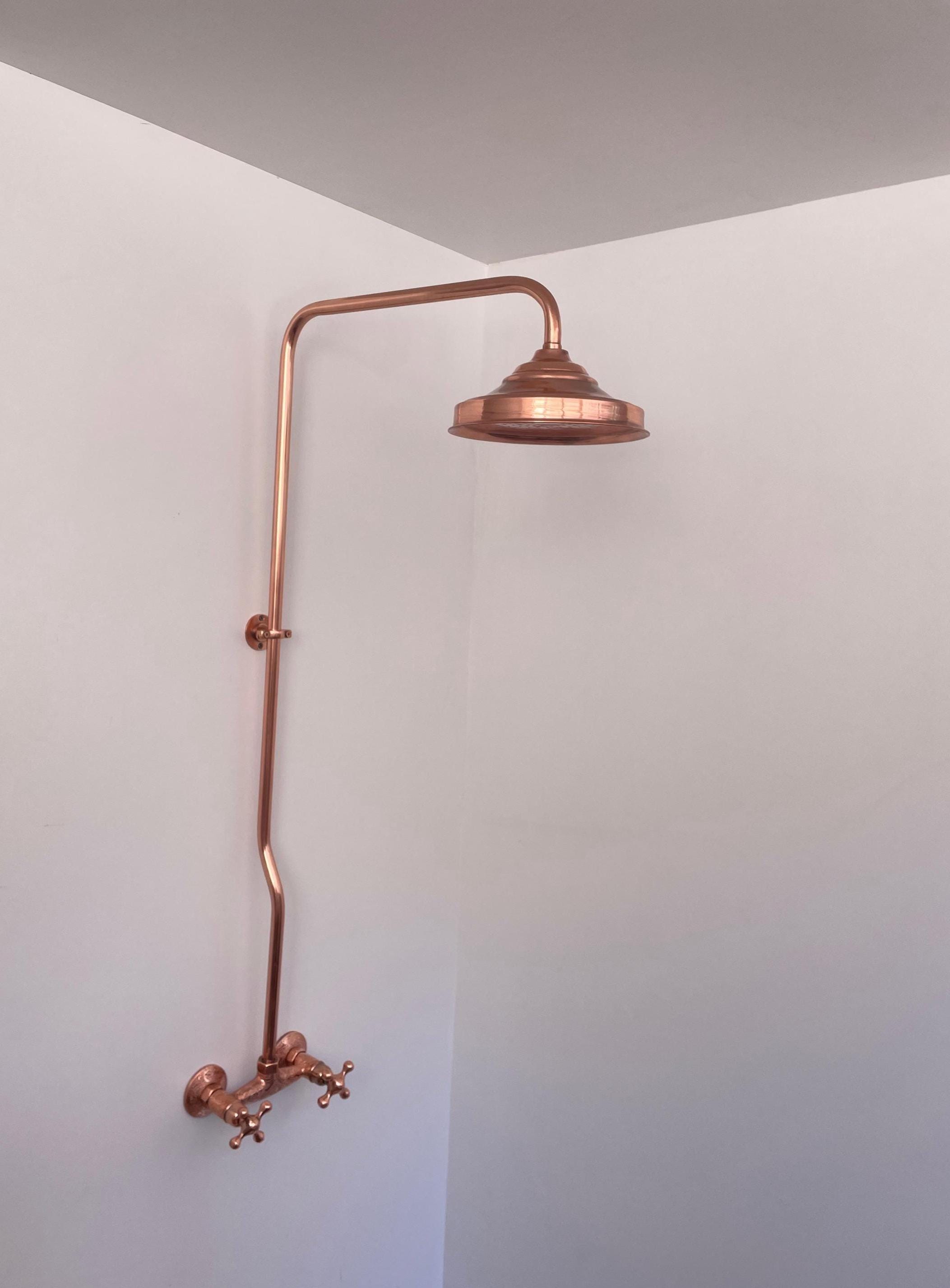 Unlacquered Copper Outdoor Shower: Solid Brass Rainfall Showerhead