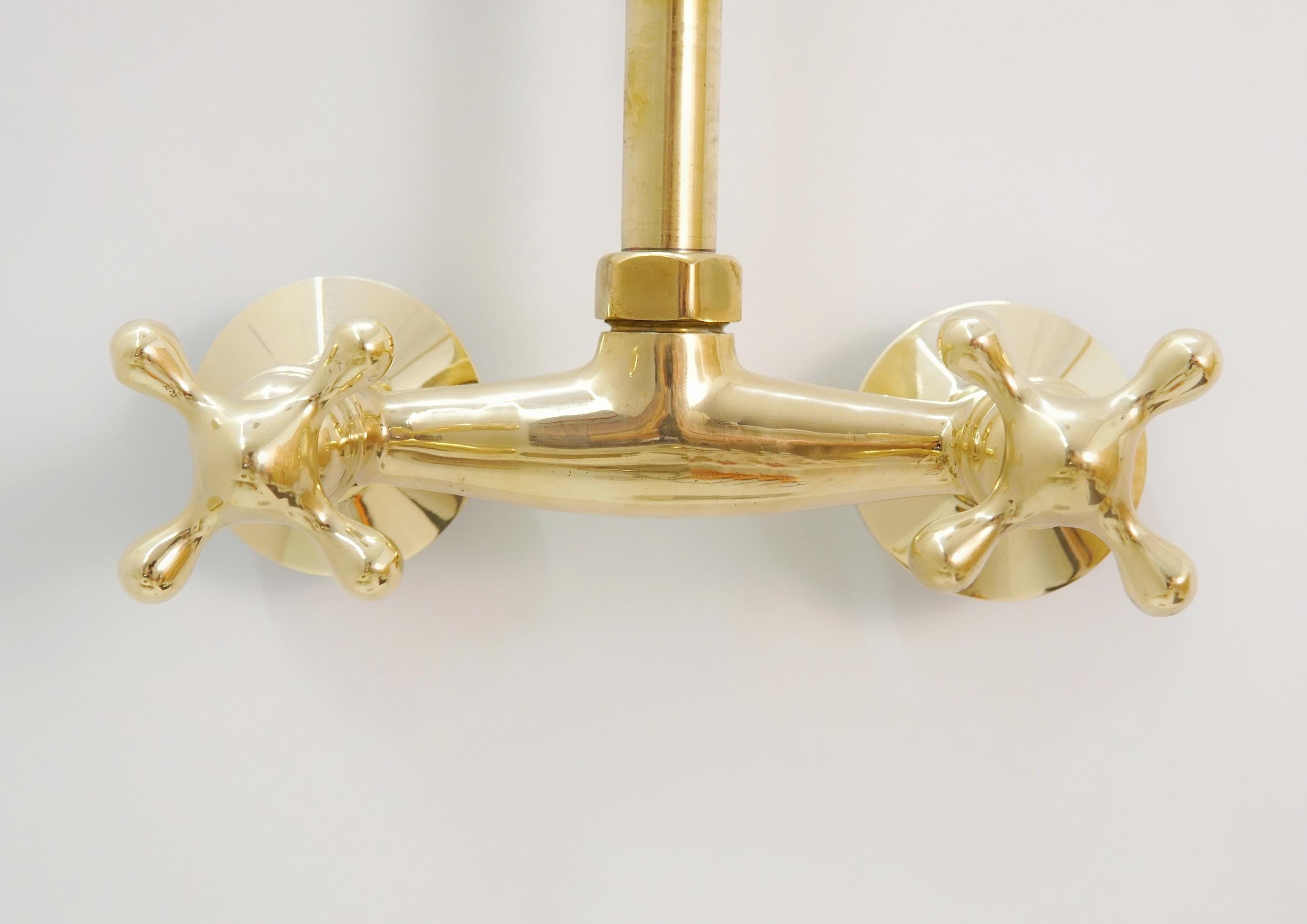 Unlacquered Brass Rainfall Shower System, Solid Brass, Exposed Pipe