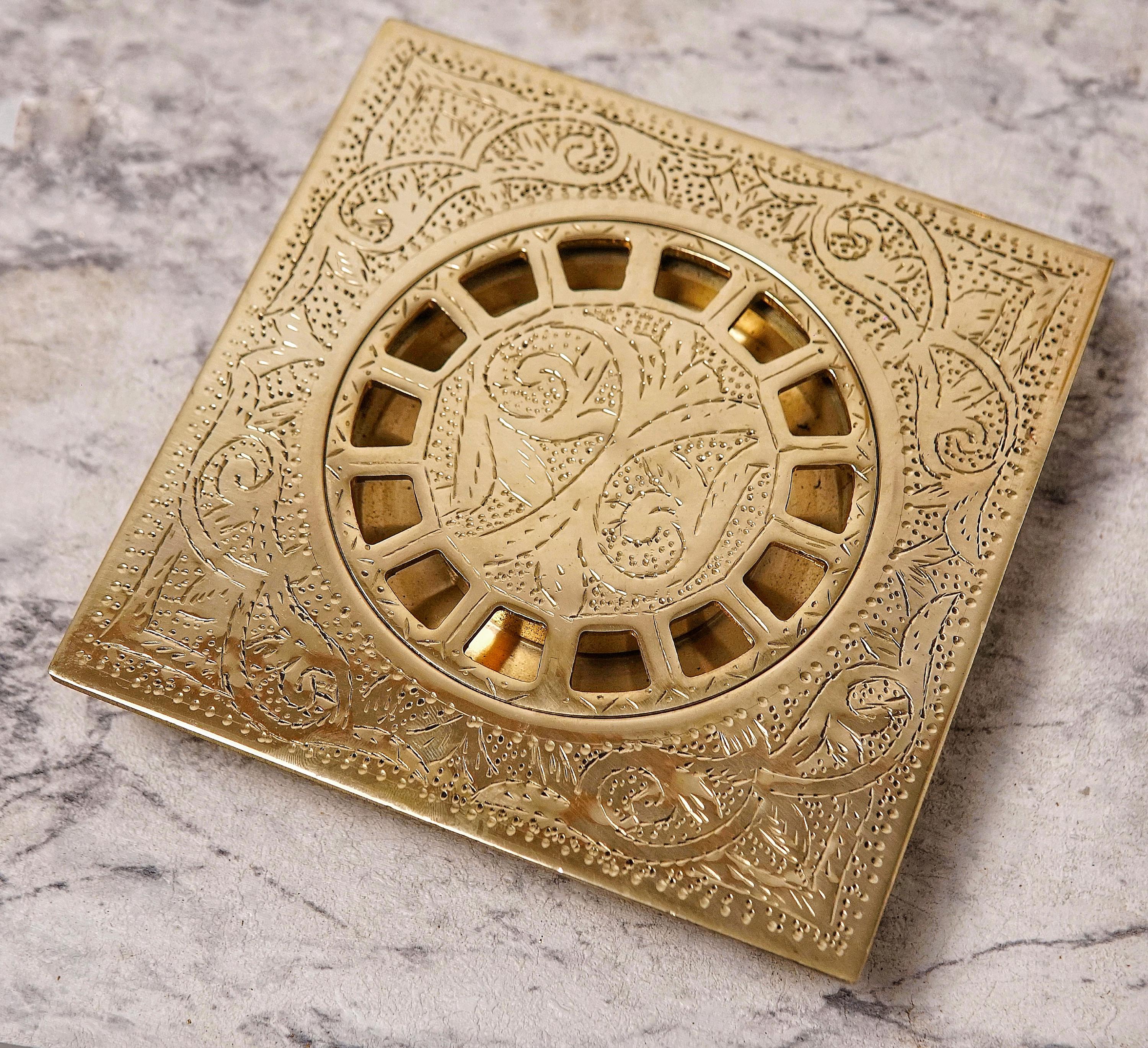 Engraved Brass Square Shower Drain, Floral Motif