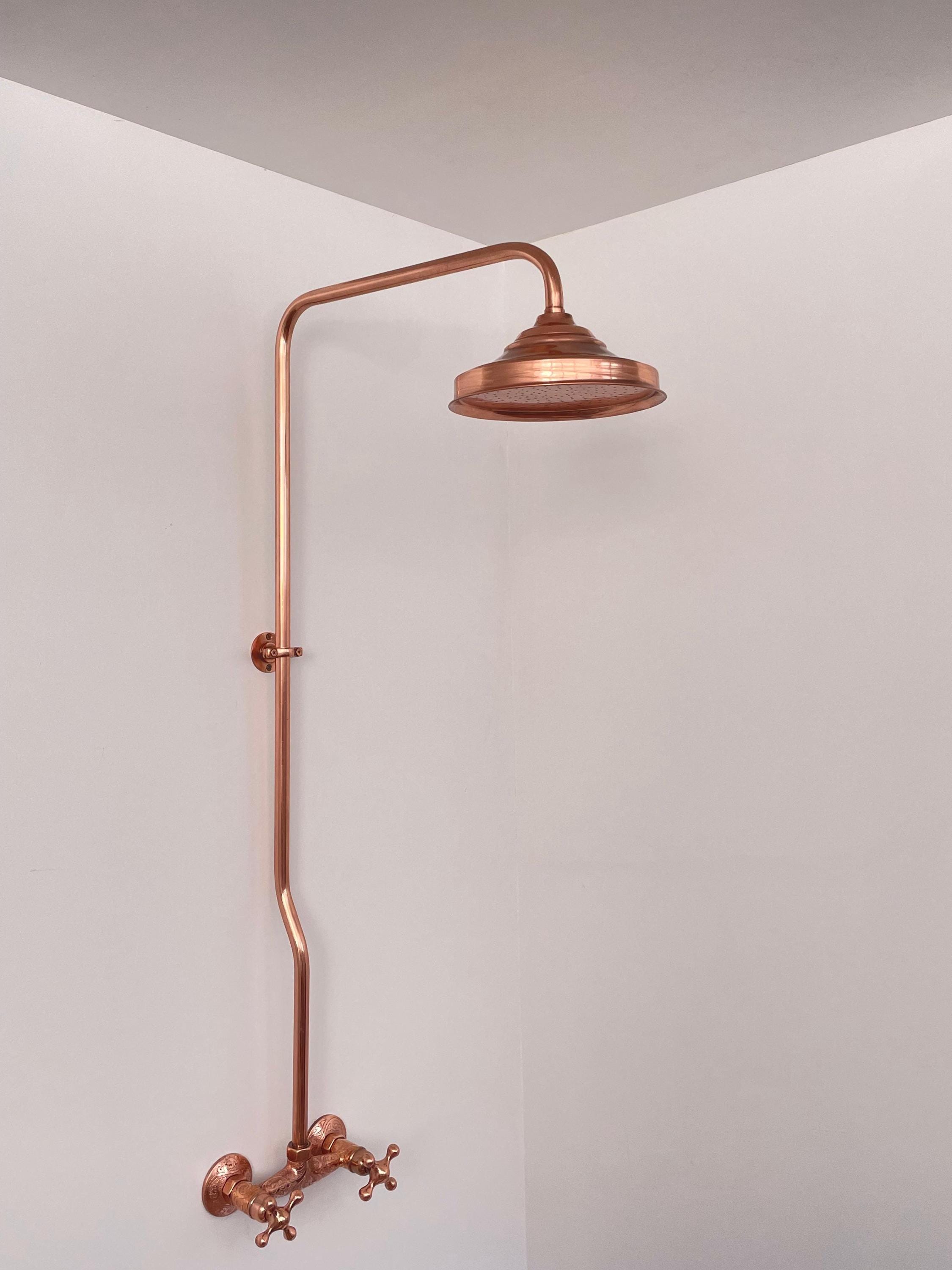 Unlacquered Copper Outdoor Shower: Solid Brass Rainfall Showerhead