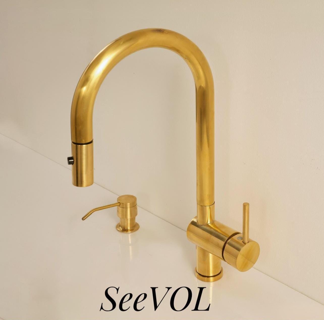 Unlacquered Brass Single Handle Pull Down Kitchen Faucet,