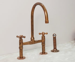 Unlacquered Copper Bridge Kitchen Faucet with Sprayer, Vintage Style