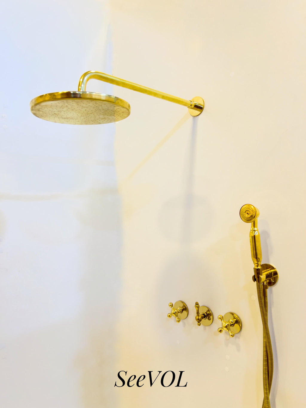 Luxury Unlacquered Brass Wall-Mounted Shower System with Overhead & Handheld Sprayer