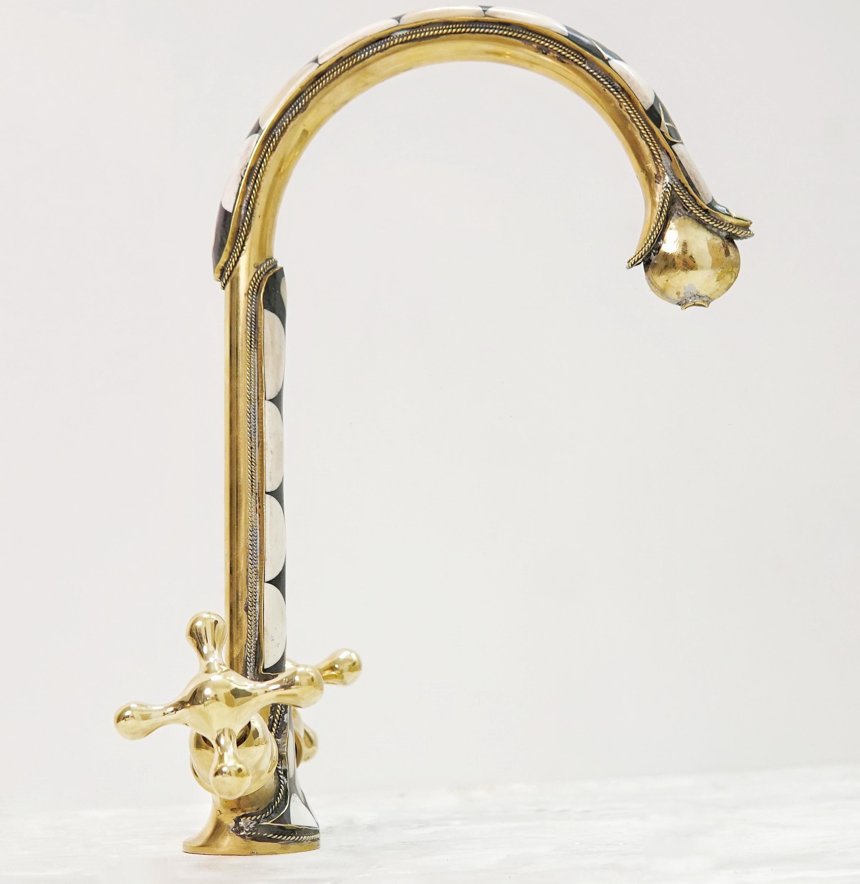 Handcrafted Brass & Resin Faucet: Geometric Inlay Gooseneck Design