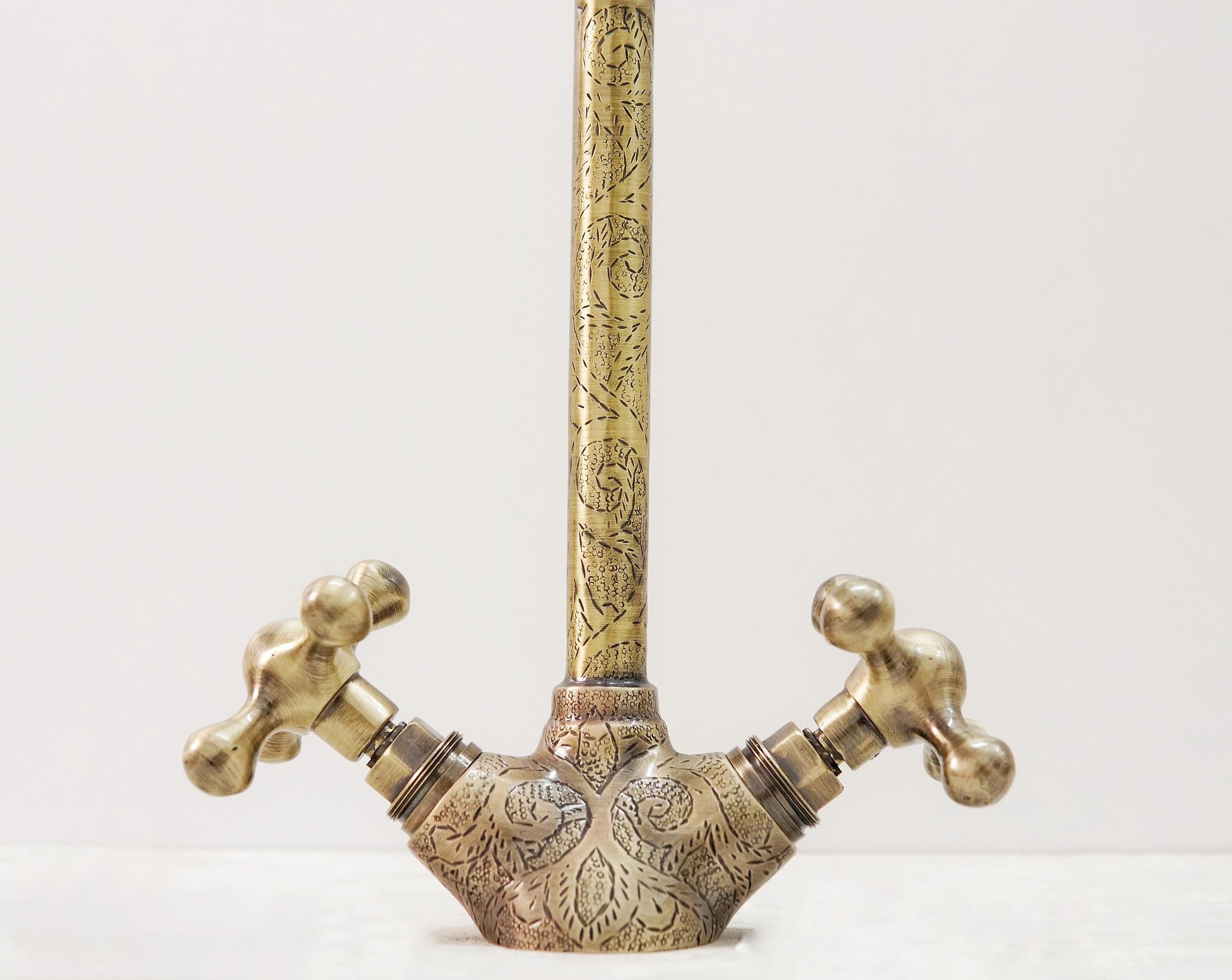 Handcrafted Engraved Brass Faucet: Antique Double Handle Design