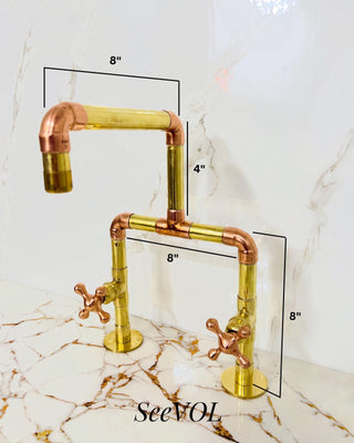 Handmade Brass & Copper Faucet, Industrial Vintage Double Handle Sink Tap