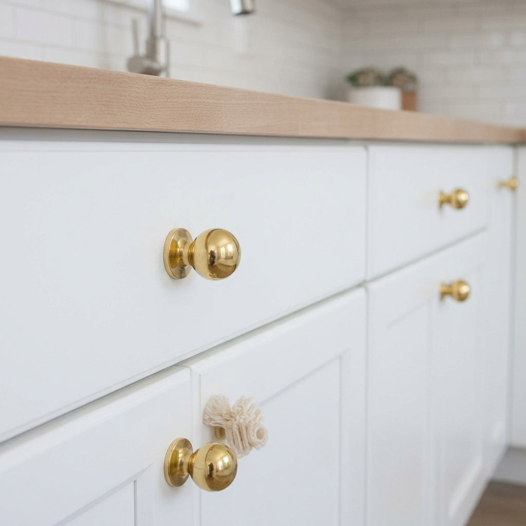 Unlacquered brass ball cabinet knobs on white kitchen drawers and cupboard doors beneath a wood countertop