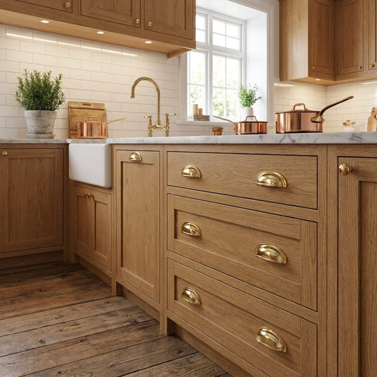 Unlacquered brass cup pulls on natural wood kitchen drawers beside a white farmhouse sink