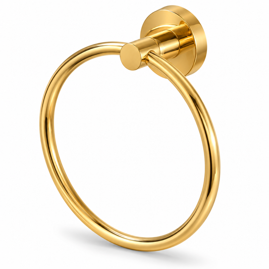 A polished gold-finished bathroom towel ring with a matching round wall mount, shown on a clean white background.