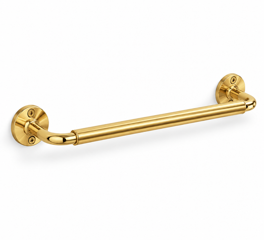 A polished gold towel bar with two round wall mounts, shown against a plain white background.