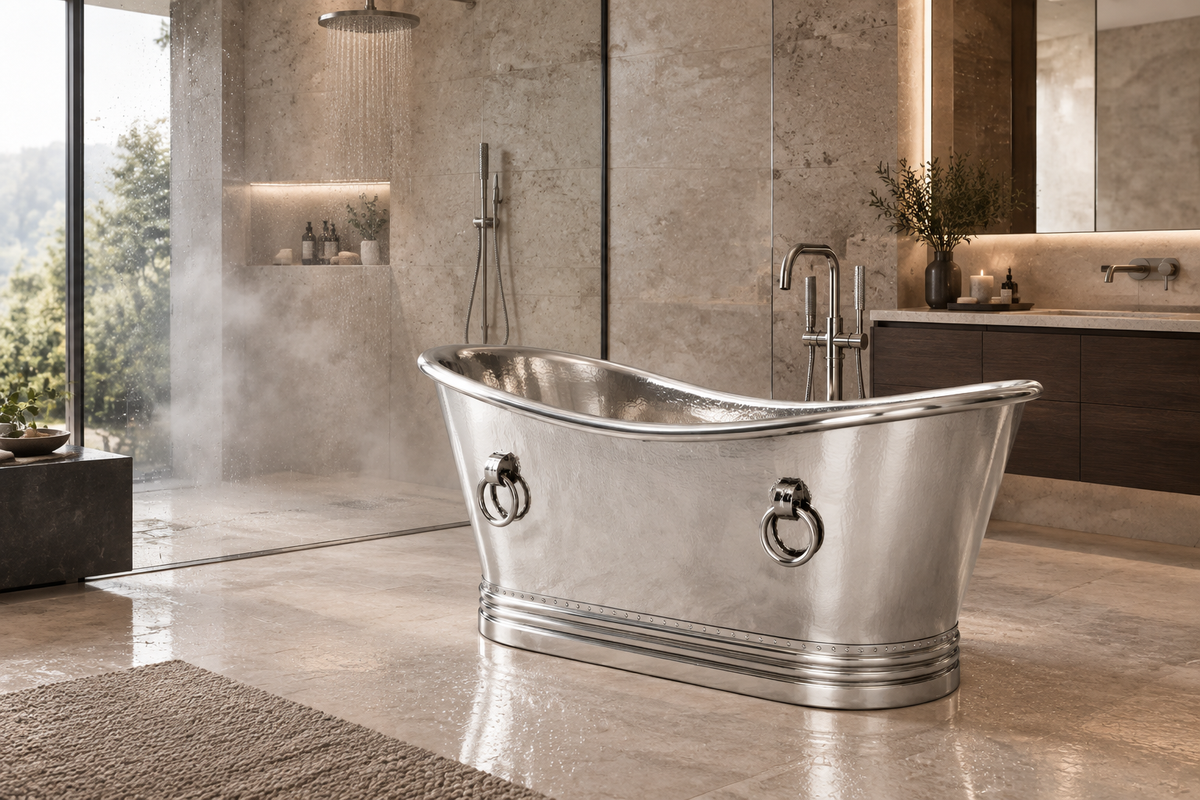 Silver bathtub in a contemporary bathroom with a rainfall shower