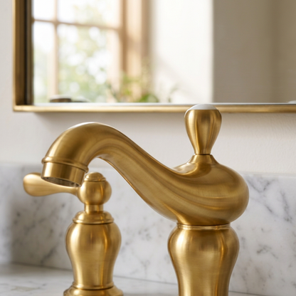 Close-up of the unlacquered brass bathroom faucet’s sculpted curved spout, outlet and rounded central body