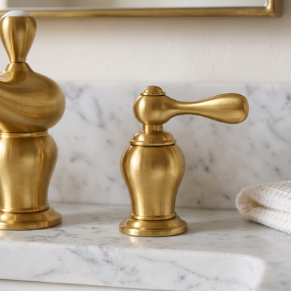 Close-up of the bathroom faucet’s unlacquered brass lever handle and decorative rounded base on a white veined vanity