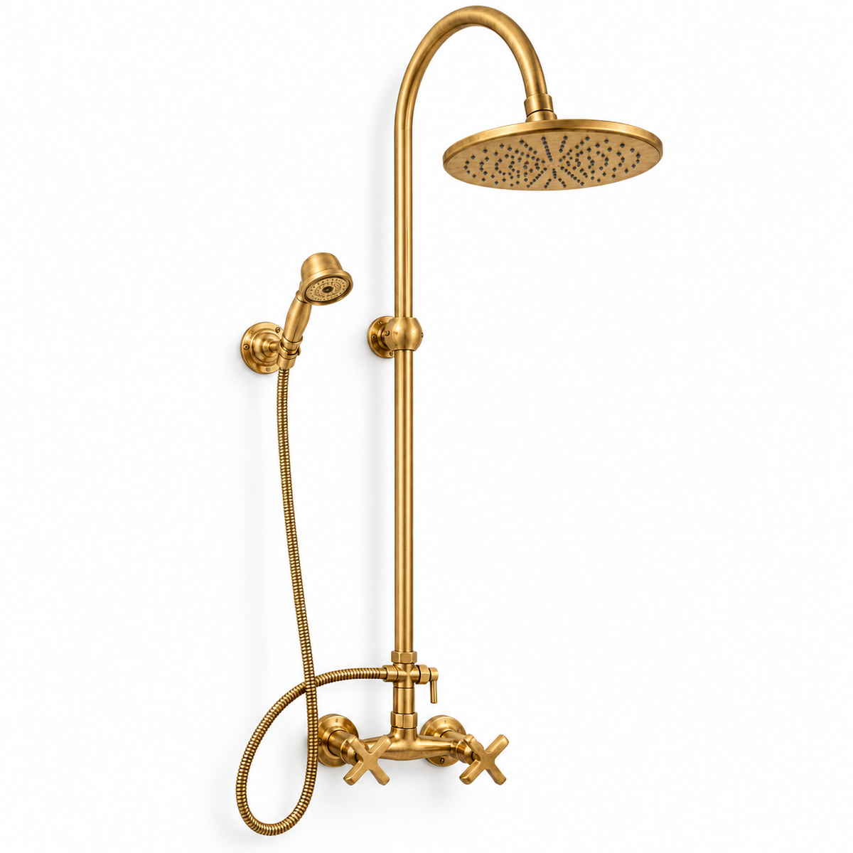 Nashville unlacquered brass exposed shower system with rainfall head, handheld shower and cross handles on white