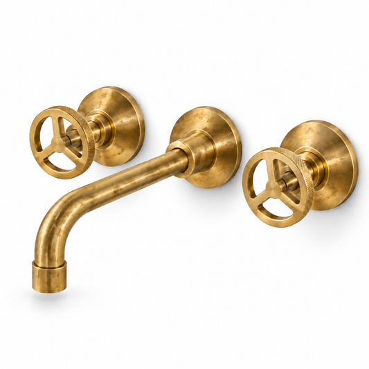 BRS1 unlacquered brass wall-mount bathroom faucet with two wheel handles and an angled spout